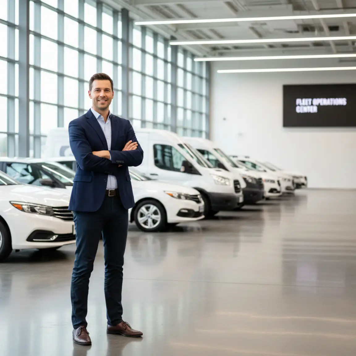 Autohaus-Manager vor seinen Autos