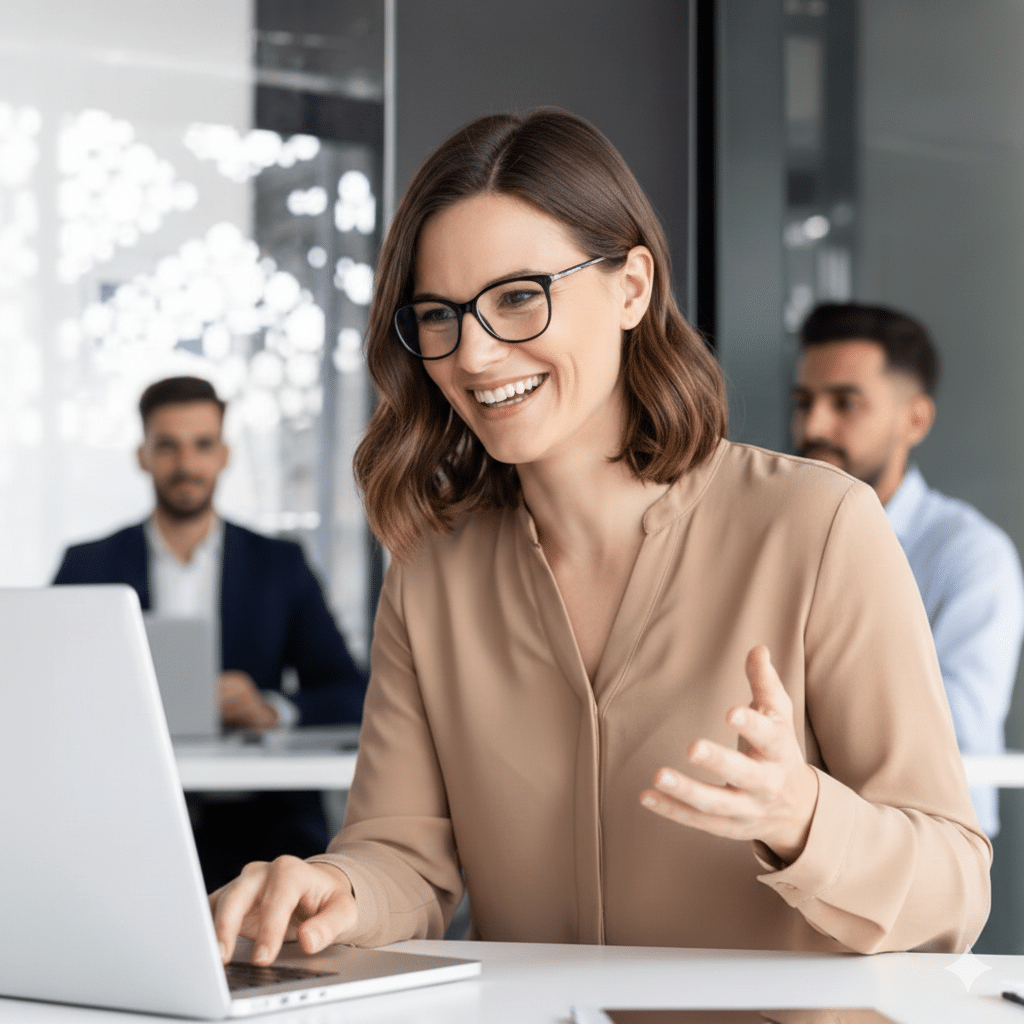 carento_Kundin_am Laptop_im Gespräch_zufrieden