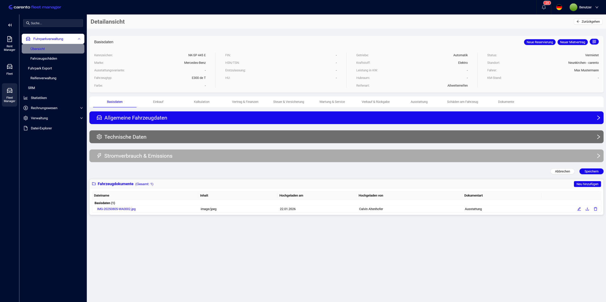 Fleet Manager Dashboard Fahrzeug Detailansicht